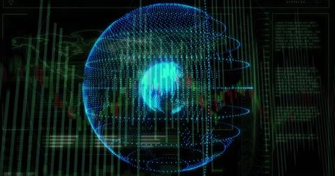 Showing data sphere on financial interface, with candlesticks, streams, code Stock Photos