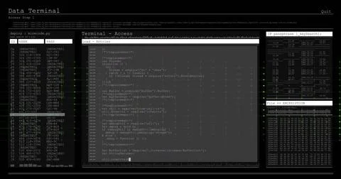 Showing Data Terminal UI on screen, with code editor, USER or PASS table, IP or Stock Illustration