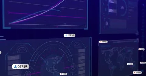 Showing data UI on screen, with line chart, circular world map, panels and Stock Photos