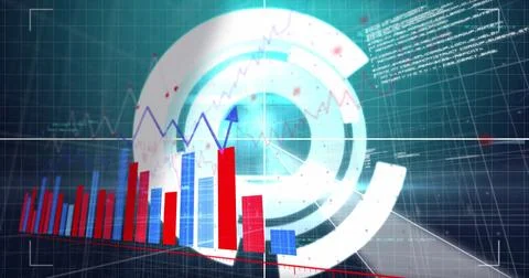 Showing data visualization running on grid panel, with red blue bar charts, Foto stock