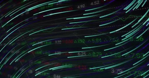 Showing data visualization on screen, featuring curved neon lines numeric data Stock Photos
