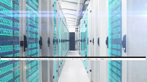 Showing datacenter aisle with racks, black glitch bar appearing, moving while Stock Footage 333904576