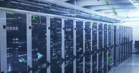Showing datacenter corridor with cabinets, network switches blinking LEDs, Stock Photos
