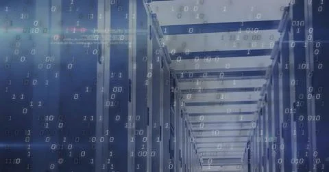 Showing datacenter corridor lined with server racks, patch cables under lighting Stock Photos