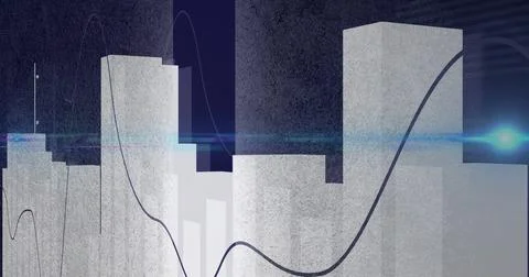 Showing dataviz skyline with rectangular blocks, chart elements, blue curve and Stock Photos