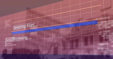 Showing deleting files blue progress bar on GUI over office, with grid overlay Foto stock