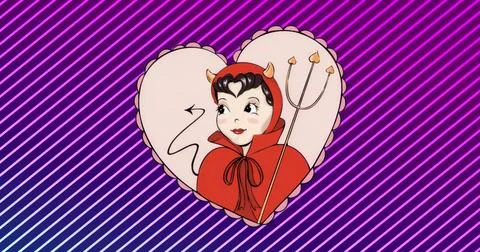 Showing devil wearing red hooded cloak, holding heart-tipped trident in heart Ilustración de archivo