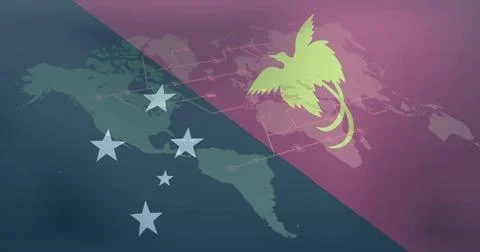 Showing diagonal teal-purple split with Americas map, five pale stars, lime Stock Illustration