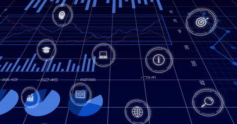 Showing digital analytics dashboard centered on virtual grid, with HUD icons, Stock Illustration