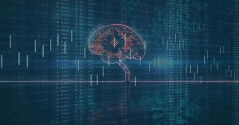 Showing digital brain icon hovering above virtual interface with candlestick Stock Photos