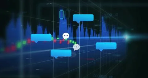 Showing digital chart with blue waveform, green red candles, chat bubbles on Stock Illustration