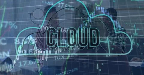 Showing digital cloud icon dominating meeting room, with laptops, tablet, stock Stock Photos