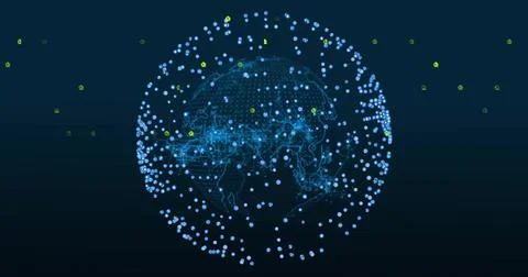 Showing digital globe floating in virtual display with glowing blue and yello Illustrazione stock