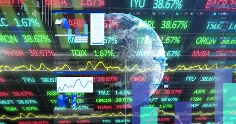 Showing digital globe mapping data on trading dashboard, with ticker symbols, Stock Photos