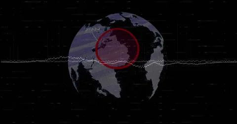 Showing digital globe rotating in interface with red overlay, dotted waveform Stock Illustration