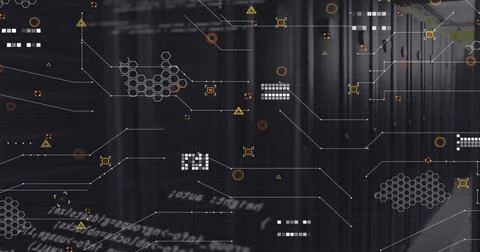 Showing digital interface overlay over datacenter backdrop, with circuit lines, Photos