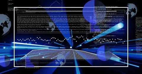 Showing digital interface panel streaming code, line graph overlays in Stock Illustration