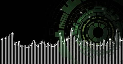 Showing digital interface with white equalizer bars and jagged waveform on Stock Illustration