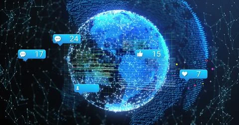 Showing digital network globe glowing in dark digital matrix, with code and blue Foto stock