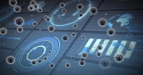 Showing digital network map occupying central grid plane, with radar rings and Stock Illustration