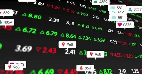 Showing digital numeric ticker scrolling on trading dashboard, with bubbles and Stock Illustration
