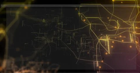 Showing digital panel featuring gold network and orange nodes on dark canvas, Stock Illustration