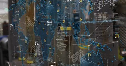 Showing digital world map on control room glass, with hexagon clusters, icons, Stock Photos