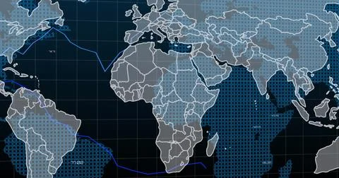 Showing digital world map display with grid lines on control-room monitor, with Stock Photos