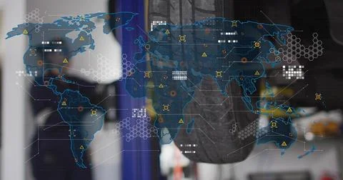 Showing digital world map overlay, hex grid nodes rising over office, blurred Stock Photos
