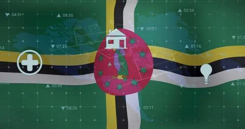 Showing Dominica flag red circle featuring Sisserou parrot with stars on data Fotos de archivo