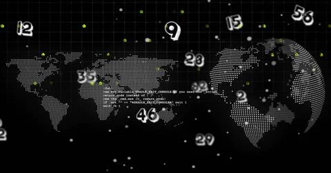 Showing dot-map and 3D globe in data dashboard, showing numeric markers, green Illustrazione stock
