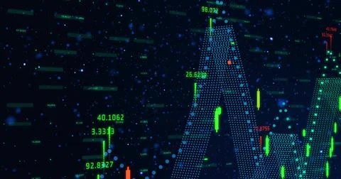 Showing dot-matrix financial chart rising on UI with candlestick bars, numeric Stock Photos