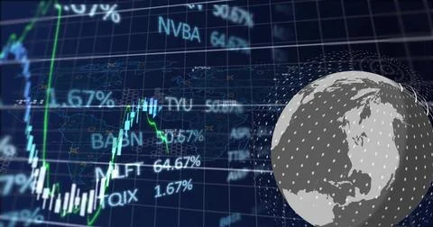 Showing dotted 3D globe rotating on market HUD, with candles, green-white line, Stock Illustration