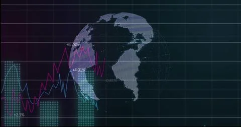 Showing dotted globe on dark grid, with magenta-blue lines, teal bars, percent Stock Illustration