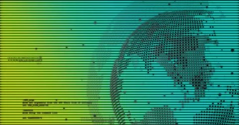 Showing dotted globe rotating on gradient scanlines with particles and code s 写真素材