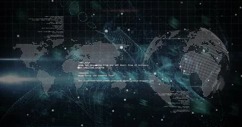 Showing dotted map morphing to dotted globe in dashboard, with grid, code, Stock Photos