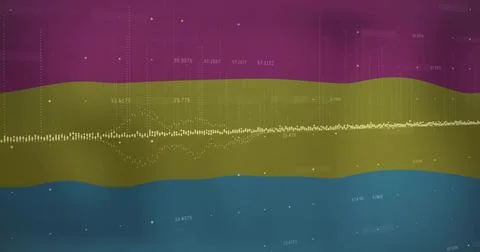 Showing dotted waveform pulsing on grid with magenta yellow-green teal bands and Stock Illustration