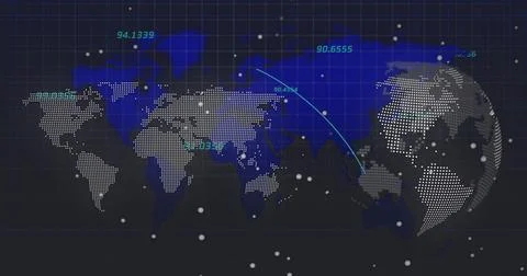 Showing dotted world map and 3D globe on dark monitor, displaying blue Stock Illustration