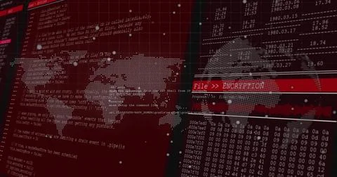 Showing dotted world map and wireframe globe in security UI, featuring File  写真素材