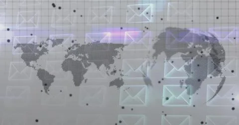 Showing dotted world map on gray grid, floating translucent mail icons, black 스톡 일러스트