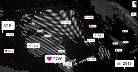Showing dotted world map on grid dashboard with bubble overlays showing Stock Illustration