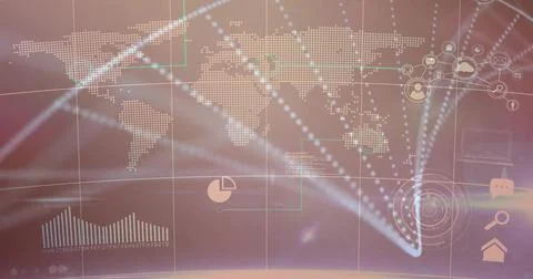 Showing dotted world map over grid lines, code blocks on digital dashboard, with Illustrazione stock