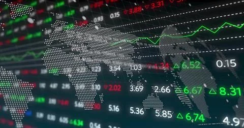 Showing dotted world map overlaying grid display, with green market line, Stock Photos