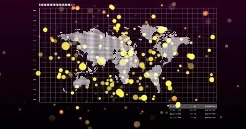 Showing dotted world map pulsing on framed panel, with grid, tick marks, golden Stock Illustration