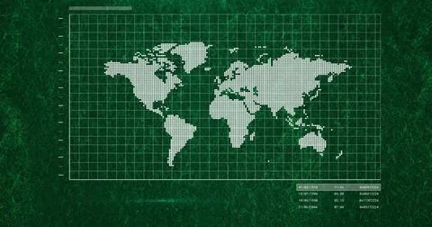 Showing dotted world map in white grid frame, showing tick marks and readout on Illustrazione stock