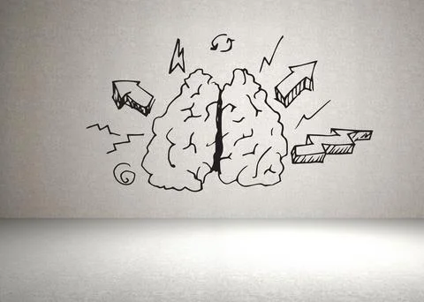 Showing drawn brain splitting into halves on textured wall with sketchy doodles Illustrazione stock