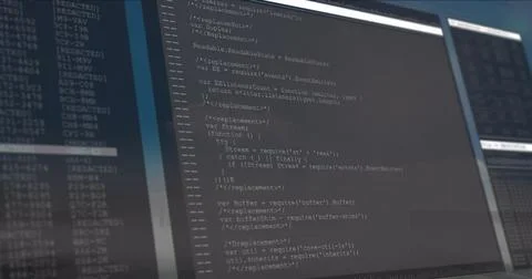 Showing dual monitors presenting JavaScript code and log entries on desk, with Stockfoto's
