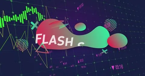 Showing duotone blob saying FLASH centering on digital grid, with neon Stock Illustration