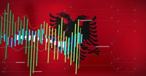 Showing eagle emblem on red flag with candlestick bars line graphs plus markers Stock Photos
