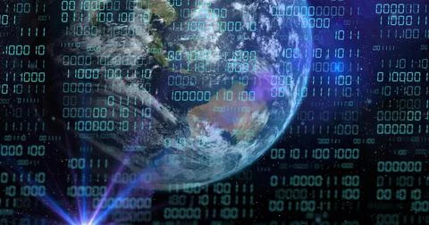 Showing Earth globe with clouds oceans lands in starfield, overlaying binary Stock Photos